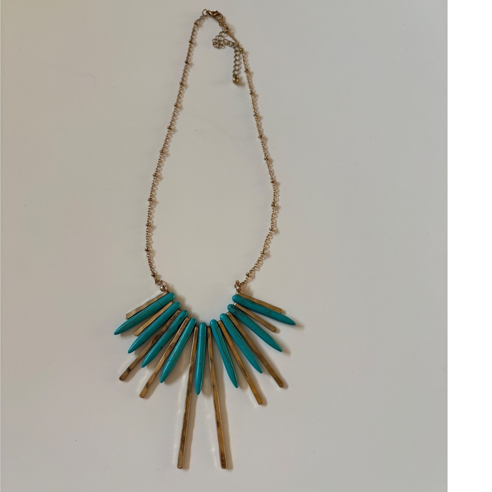Gold Tone Turquoise Faux Stone Spike Sunburst Statement Necklace Boho 22"